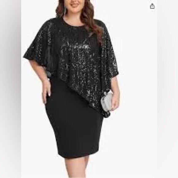 Hanna Nikole Black Sleeveless Cape Sequin Overlay Bodycon Pencil Dress Size 16W - Picture 2 of 7